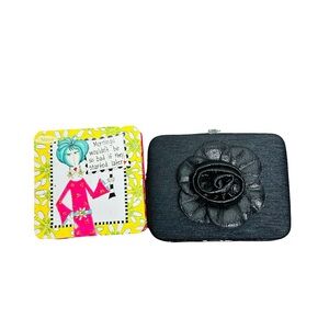 2 Piece Bundle Floral Black Coin Wallet and Pocket Travel Mirror